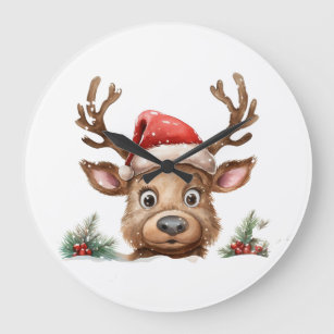 Reindeer in Santa Hat Peeking at You Large Clock