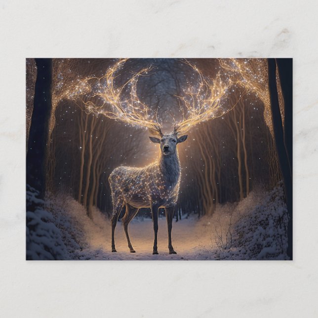 Reindeer in Snow - Fairy Lights Holiday Postcard (Front)
