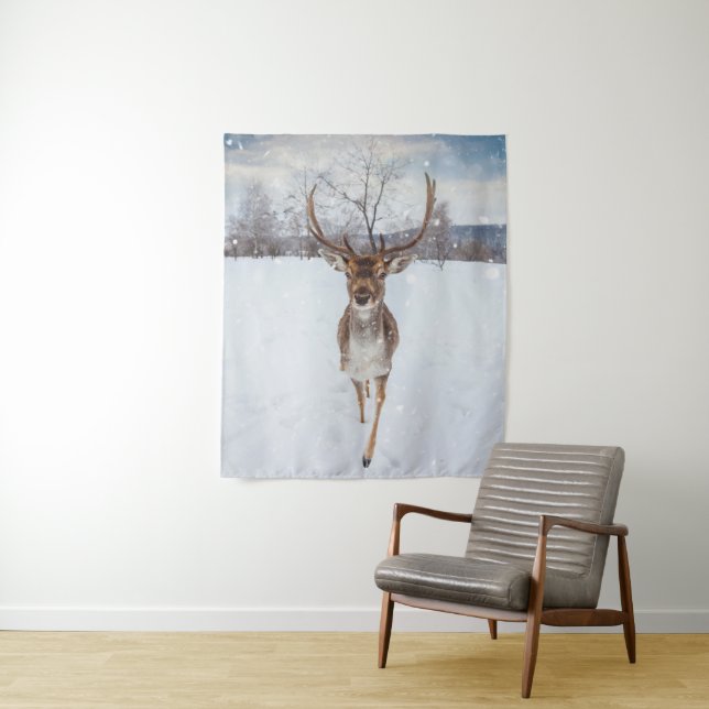Reindeer In Snow Storm Winter Tapestry (In Situ)