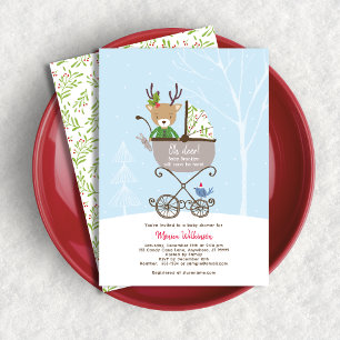 Reindeer in Stroller Winter Holiday Baby Shower Invitation