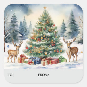 Reindeer in the Snow with Christmas Tree TO FROM Square Sticker