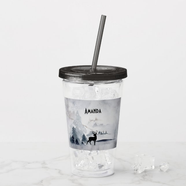 Reindeer in the Wild Grey Watercolor Christmas Acrylic Tumbler (Back Ice)