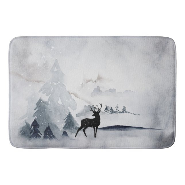 Reindeer in the Wild Grey Watercolor Christmas Bath Mat (Front)