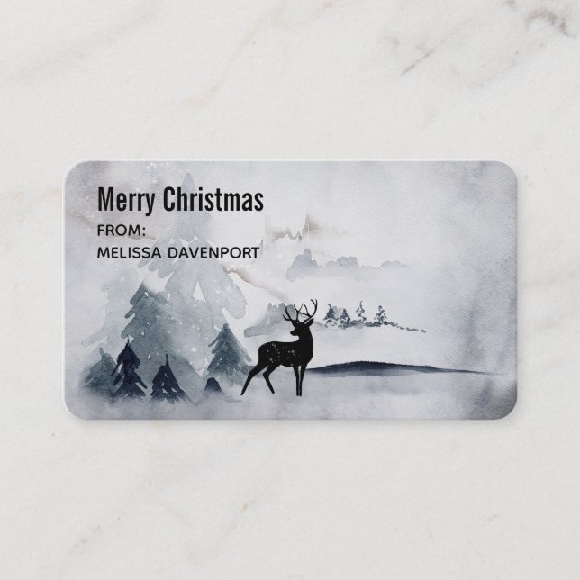 Reindeer in the Wild Grey Watercolor Christmas Business Card (Front)