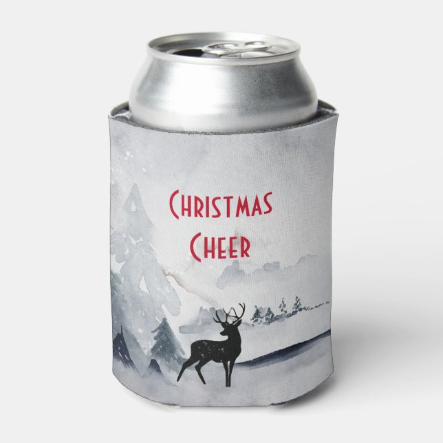 Reindeer in the Wild Grey Watercolor Christmas Can Cooler (Can Front)