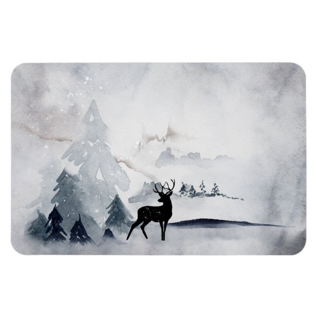 Reindeer in the Wild Grey Watercolor Christmas Magnet (Horizontal)