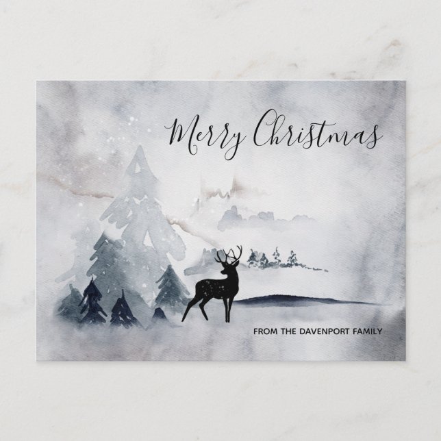 Reindeer in the Wild Grey Watercolor Christmas Postcard (Front)