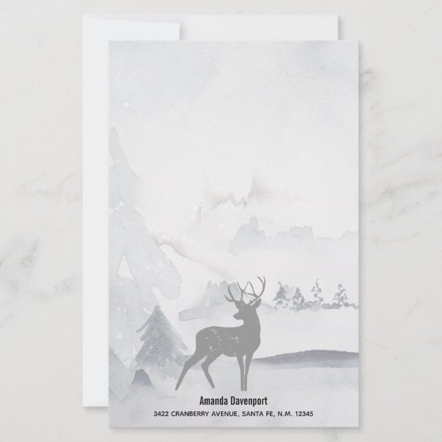 Reindeer in the Wild Grey Watercolor Christmas Stationery (Front)