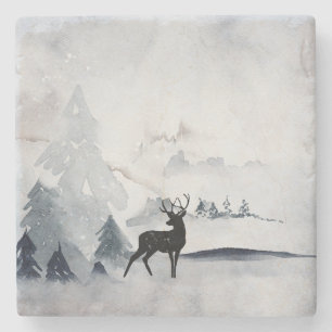 Reindeer in the Wild Grey Watercolor Christmas Stone Coaster