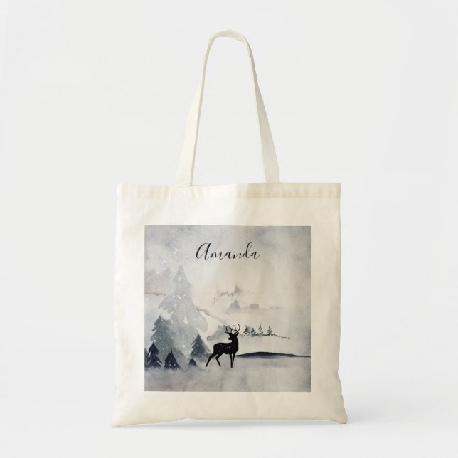 Reindeer in the Wild Grey Watercolor Christmas Tote Bag (Front)