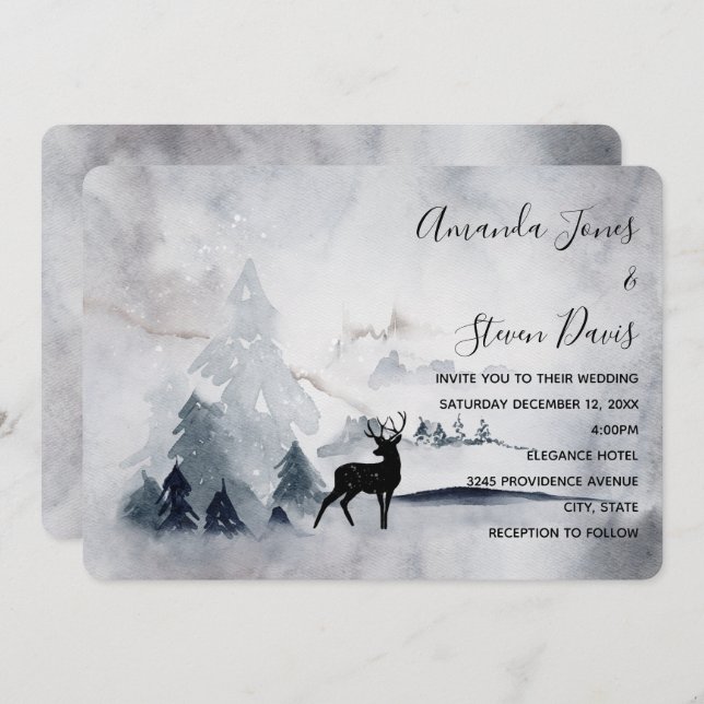 Reindeer in the Wild Grey Watercolor Wedding Invitation (Front/Back)