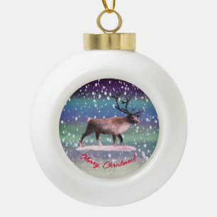 Reindeer in winter day ceramic ball christmas ornament