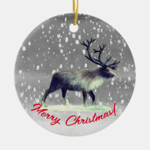 Reindeer in winter day  ceramic tree decoration