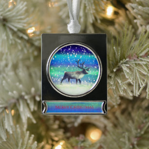 Reindeer in winter day  silver plated banner ornament