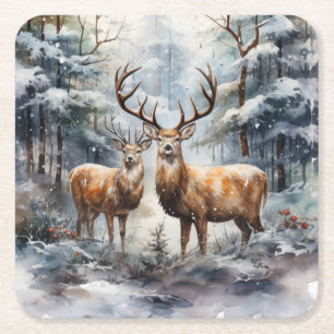 Reindeer in Winter Wonderland Square Paper Coaster