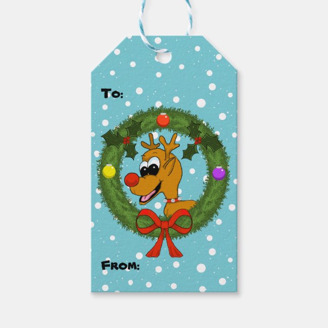 Reindeer in Wreath Christmas Gift Tags (Front)
