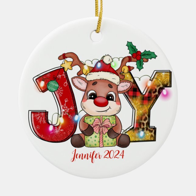 Reindeer JOY Christmas Ceramic Ornament (Front)