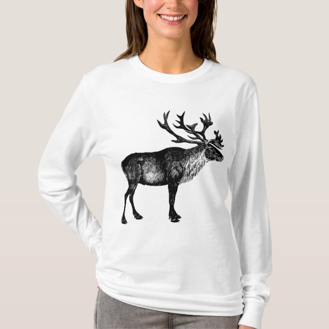 Reindeer Long Sleeve T-Shirt, Elk, Animal Design T-Shirt (Front)