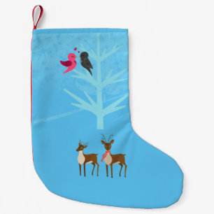 Reindeer love birds Snow Xmas Winter stocking. Small Christmas Stocking