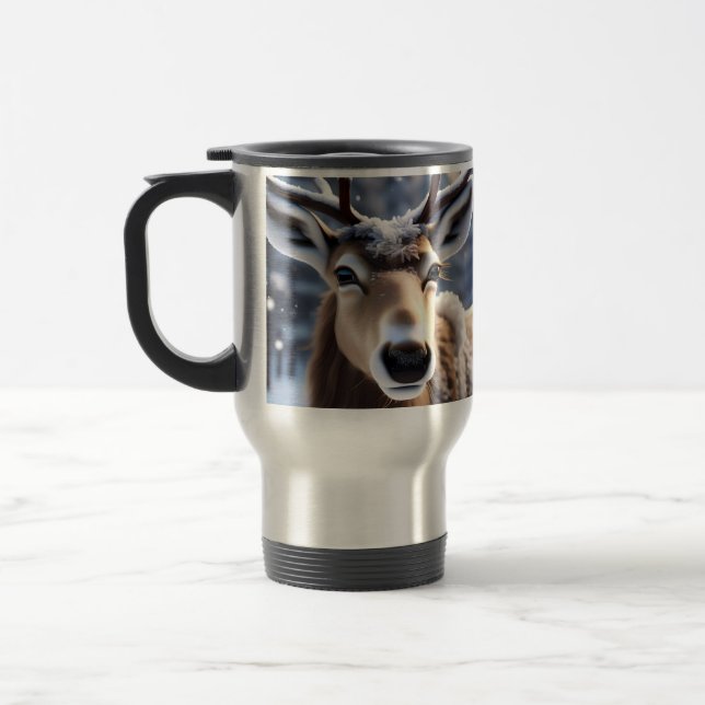 Reindeer Magic: Close-Up of Santas Loyal Companion Travel Mug (Left)