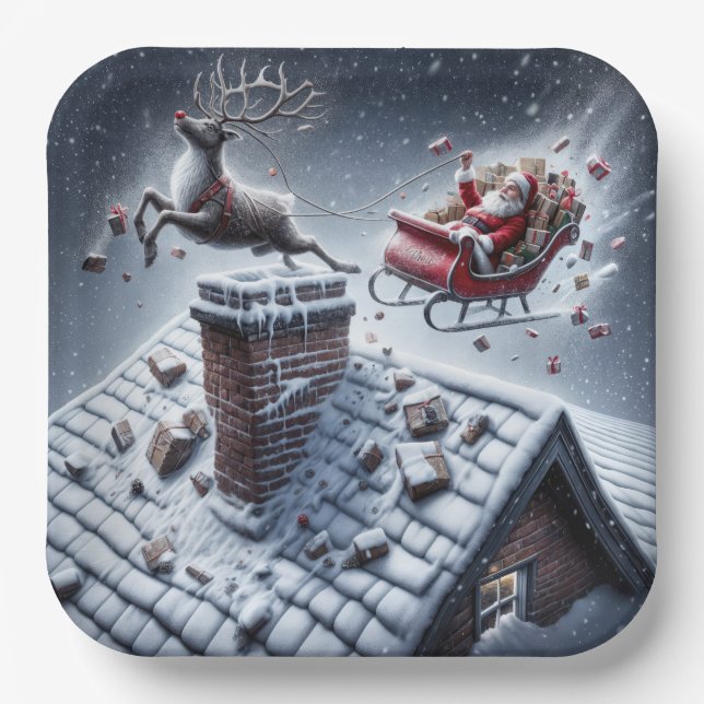Reindeer Mishap On a Snowy Roof Paper Plate (Front)