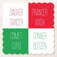REINDEER NAMES Scalloped Square Paper Coasters