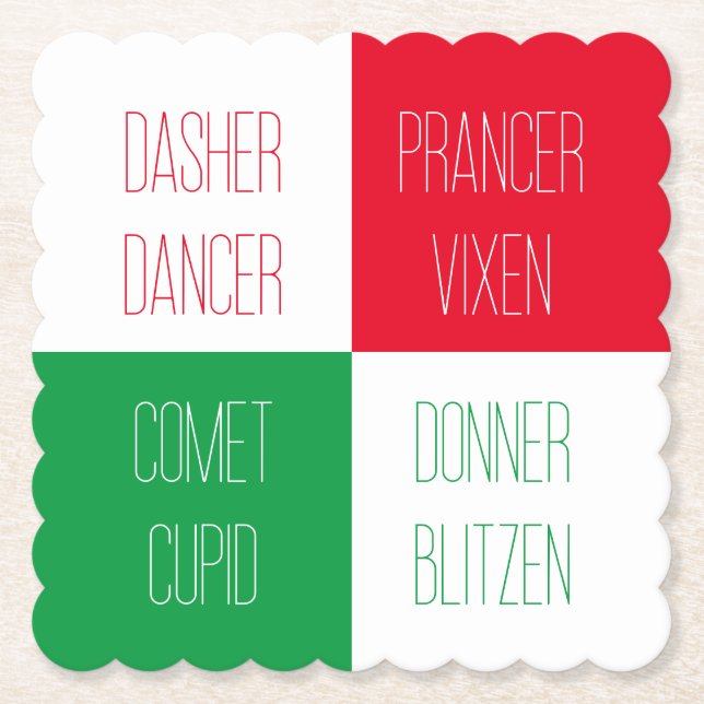 REINDEER NAMES Scalloped Square Paper Coasters  (Front)