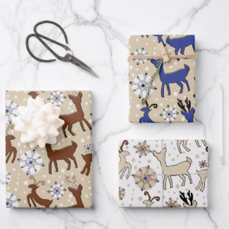Reindeer On Blue and Brown Wrapping Paper Sheet