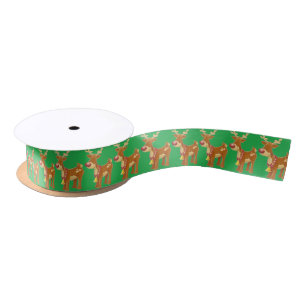Reindeer on Green Pattern Satin Ribbon