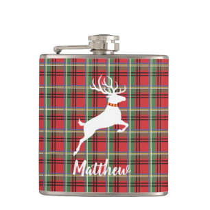 Reindeer on Red and Green Tartan Christmas Plaid Hip Flask