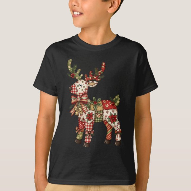 Reindeer Patchwork Coquette Bow Christmas Pyjamas  T-Shirt (Front)
