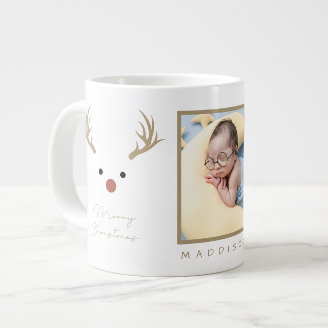 Reindeer Personalised Photo And Name Christmas Gia Large Coffee Mug (Front Left)