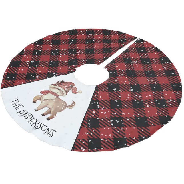 Reindeer Plaid Christmas Brushed Polyester Tree Skirt (Angled)