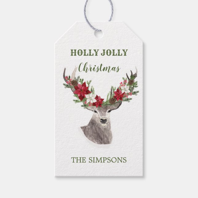 Reindeer, Poinsettia Christmas Gift Tags (Front)