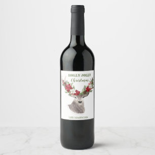 Reindeer, Poinsettia Christmas Wine Label