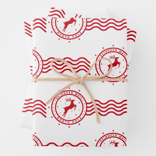 Reindeer Postage Christmas Wrapping Paper Sheet (In situ)