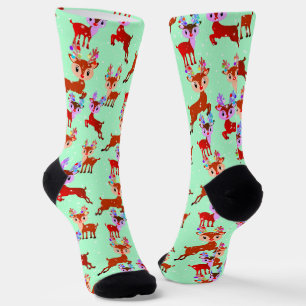 Reindeer Prancing Jumping in The Falling Snow Cute Socks