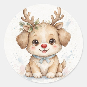Reindeer Puppy Red Nose Christmas Classic Round Sticker