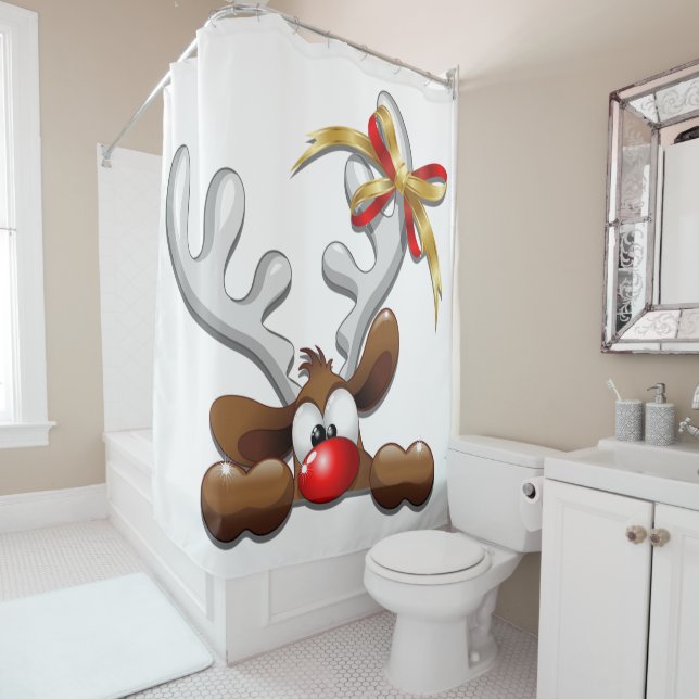 Reindeer Puzzled Funny Christmas Character Shower Curtain (In Situ)