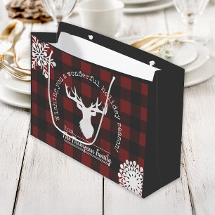 Reindeer Red and Black Buffalo Plaid Christmas Large Gift Bag