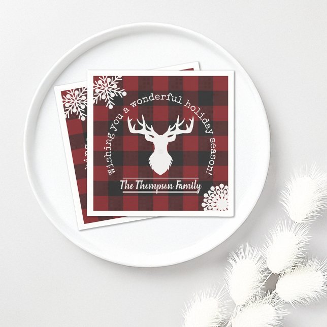 Reindeer Red and Black Buffalo Plaid Christmas Napkin (Creator Uploaded)