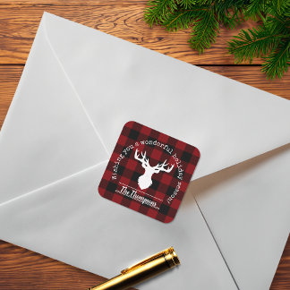 Reindeer Red and Black Buffalo Plaid Christmas Square Sticker