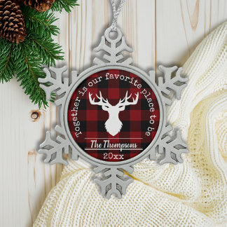 Reindeer Red and Black Buffalo Plaid Snowflake Pewter Christmas Ornament
