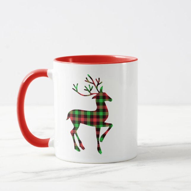 Reindeer Red and Green Buffalo Plaid Christmas  Mug (Left)