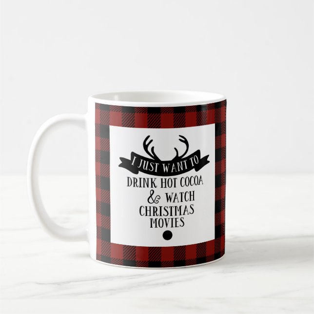 Reindeer Red & Black Buffalo Plaid Christmas Coffee Mug (Left)