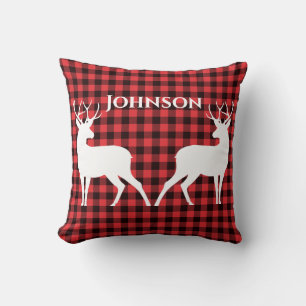 Reindeer Red & Black Tartan Pattern Buffalo Plaid Cushion