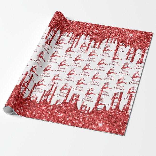 Reindeer red glitter- merry christmas  wrapping paper (Unrolled)