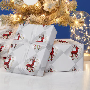 Reindeer red gold floral silver faux pattern wrapping paper