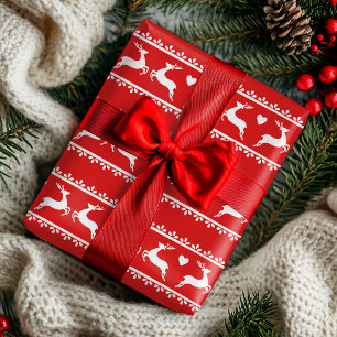 Reindeer Romance Red and White Scandinavian Design Wrapping Paper