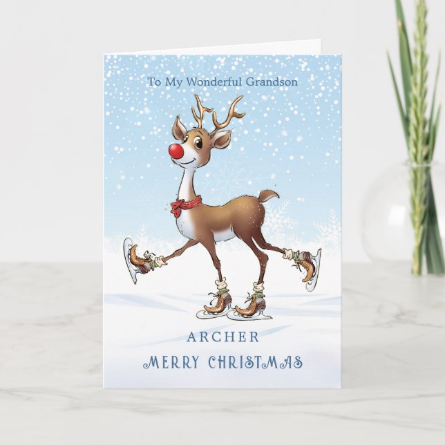 Reindeer Rudolph Grandson Christmas Card (Front)